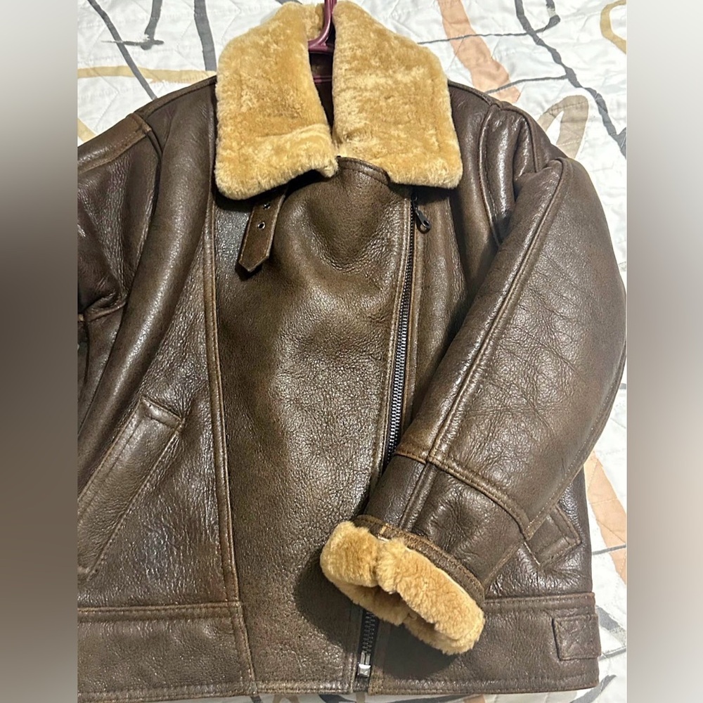 Infinity London Sheepskin Shearling B-3 Aviator Coat Size M Brown Buckle Collar